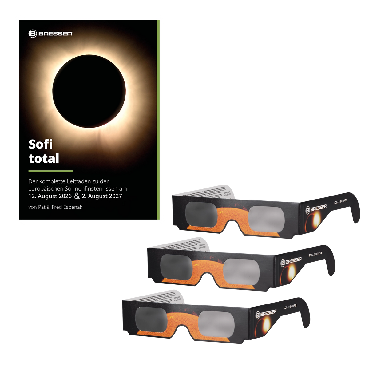 BRESSER Sofi total - Leitfaden zu den Sonnenfinsternissen 2026/27 (GERMAN) + 3x Solar Eclipse Glasses