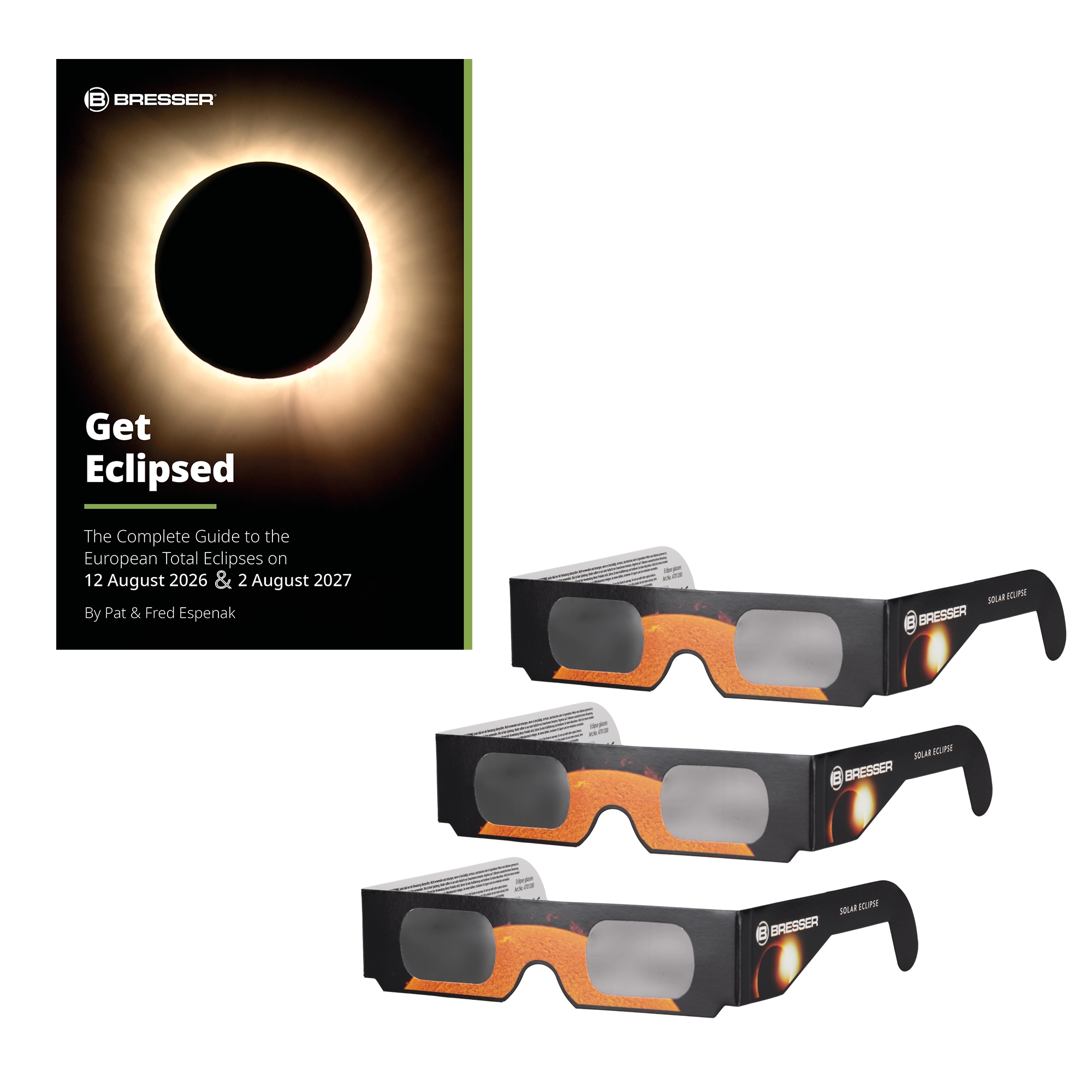BRESSER Get Eclipsed - Guide to the European Total Eclipses 2026/27 + 3x Solar Eclipse Glasses