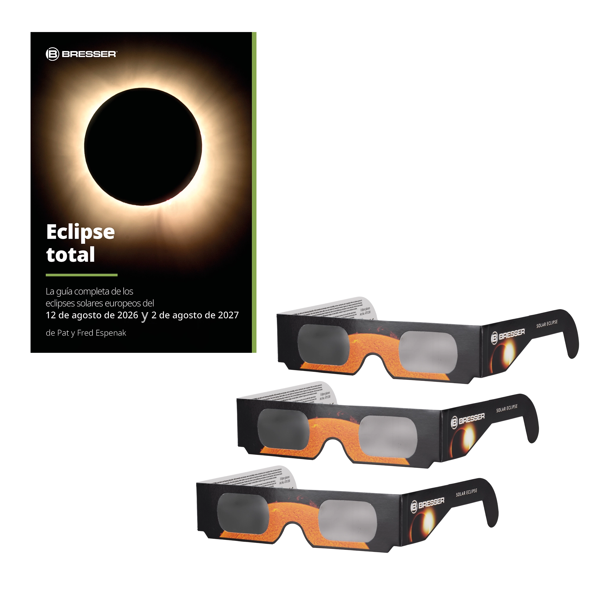 BRESSER Eclipse total - Gu&iacute;a de los eclipses solares 2026/27 (SPANISH) + 3x Solar Eclipse Glasses
