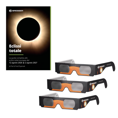 BRESSER Eclissi totale - Guida alle eclissi solari 2026/27 (ITALIAN) + 3x Solar Eclipse Glasses